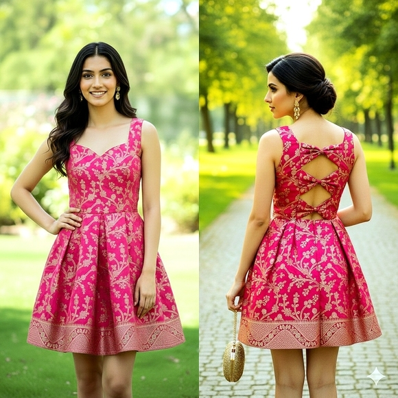 Elegant Pink Floral Dress Fit & Flare Dress Party, Sangeet, Wedding Date Night - Picture 8 of 13